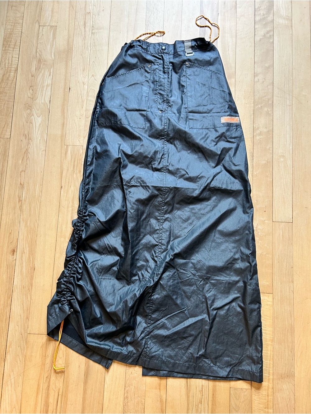 Vintage Shiny Charcoal Drawstring Maxi Rave Skirt